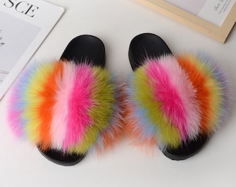 New Fashion Large Fur Real Natural Fox Fur Slides Fluffy Fur Slides Sandals Slippers Fashion Women Shoes