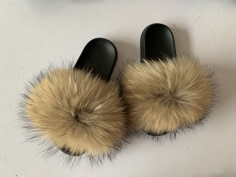 Real Raccoon Fur Slippers Fulffy Fur Pure Color Women Slides - Etsy