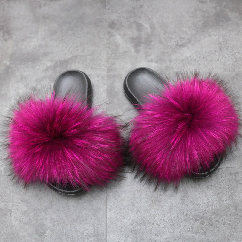 Real Raccoon Fur Slippers Fulffy Fur Pure Color Women Slides - Etsy