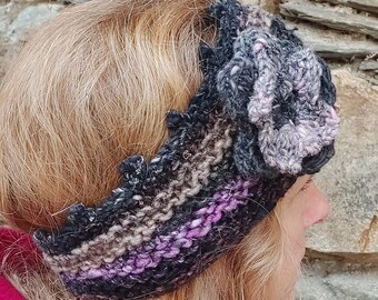 Soft headband knitted from the finest merino wool and silk from NORO, ear warmers, wool accessory, gradient yarn, flower