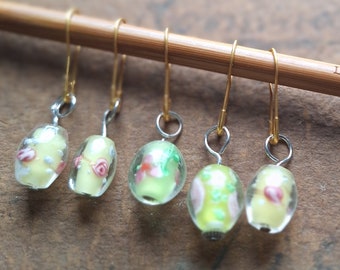 Stitch markers, 5-piece set, Murano glass, lampwork, glass beads, faceted, Italian beads, handmade, stitch markers, knitting