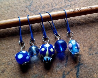 Stitch markers, 5-piece set, Murano glass, lampwork, glass beads, faceted, Italian beads, handmade, stitch markers, knitting