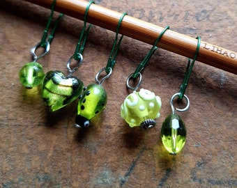 Marqueurs de point, ensemble de 5 pièces, verre de Murano, lampadaire, perles de verre, facettes, perles italiennes, faits à la main, marqueurs de point, tricot