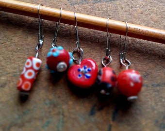 Stitch markers, 5-piece set, Murano glass, lampwork, glass beads, faceted, Italian beads, handmade, stitch markers, knitting