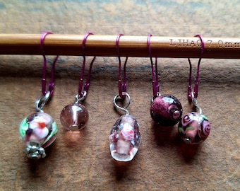 Stitch markers, 5-piece set, Murano glass, lampwork, glass beads, faceted, Italian beads, handmade, stitch markers, knitting