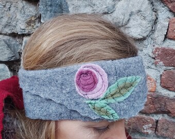 Headband made of pure sheep's wool with fine rose application, ear warmer, accessory made of wool, unique piece, gift, rose, woolen fabric, gray