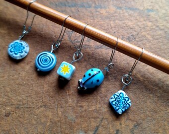 Stitch markers, 5-piece set, Murano glass, lampwork, glass beads, faceted, Italian beads, handmade, stitch markers, knitting