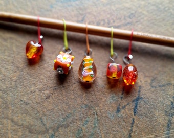 Stitch markers, 5-piece set, Murano glass, lampwork, glass beads, faceted, Italian beads, handmade, stitch markers, knitting