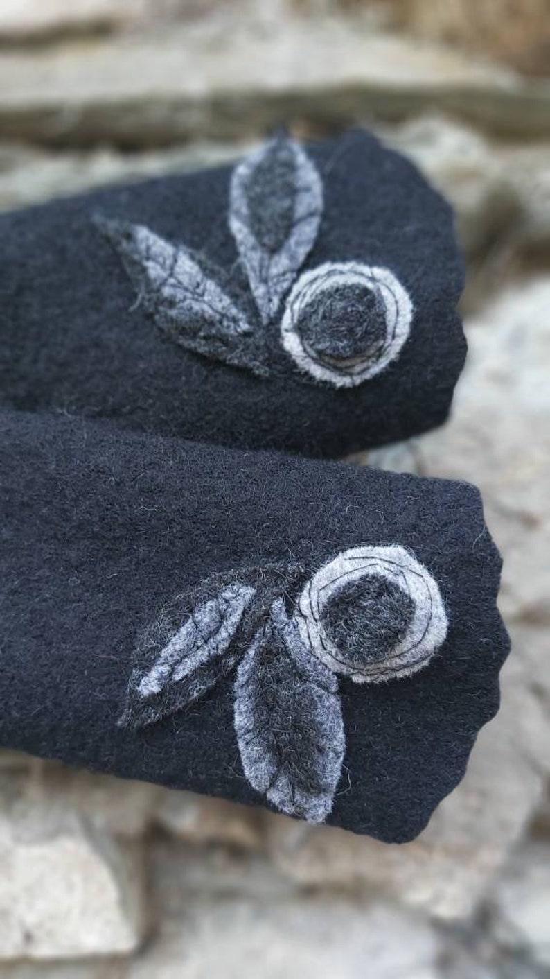 Cuffs made of pure sheep's wool in black with fine rose appliqué, exceptional hand warmers made entirely by hand, gift image 2