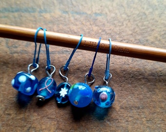 Stitch markers, 5-piece set, Murano glass, lampwork, glass beads, faceted, Italian beads, handmade, stitch markers, knitting