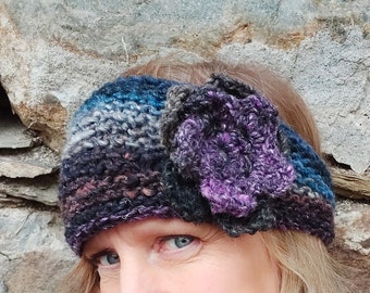 Soft headband knitted from the finest merino wool and silk from NORO, ear warmers, wool accessory, gradient yarn, flower