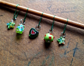 Stitch markers, 5-piece set, Murano glass, lampwork, glass beads, faceted, Italian beads, handmade, stitch markers, knitting