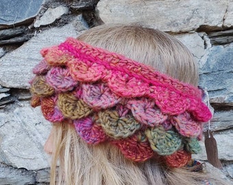 Crocheted headband with merino wool, gradient yarn, ear warmer, wool accessory, single piece, gift, crocheted, dragon pattern