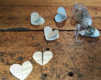 Paper garland from antique book pages, five 3-D hearts, paper art, recycled, upcycled, sustainable decoration, vintage jewelry, valentine's day