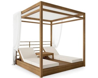 May include: A wooden outdoor daybed with a canopy and white curtains. The daybed has two cushioned loungers and a small table in the center.