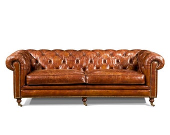 Genuine Leather Rolled Arm Chesterfield Sofa