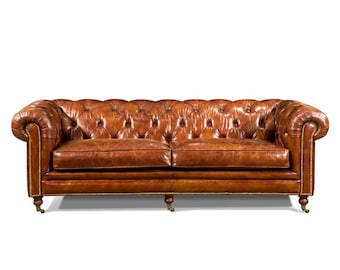 Genuine Leather Rolled Arm Chesterfield Sofa