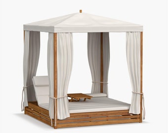 May include: A white canopy bed with wooden frame and white curtains. The bed has a white mattress and a small wooden table.