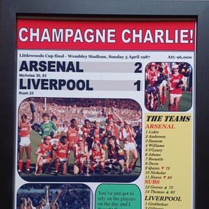 May include: A vintage-style poster commemorating the 1987 Littlewoods Cup final between Arsenal and Liverpool. The poster features the score, 2-1 in favor of Arsenal, and a photo of the Arsenal team celebrating their victory. The poster also includes a list of the players from both teams and their jersey numbers.