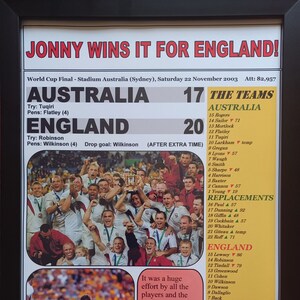 Könnte beinhalten: Ein Zeitungsartikel mit der Schlagzeile "Jonny gewinnt für England!" Der Artikel beschreibt das Finale der Rugby-Weltmeisterschaft 2003 zwischen Australien und England, das England mit 20:17 gewann. Der Artikel enthält die Ergebnisse, die Mannschaftsaufstellungen und ein Zitat von Englands Kapitän Martin Johnson.