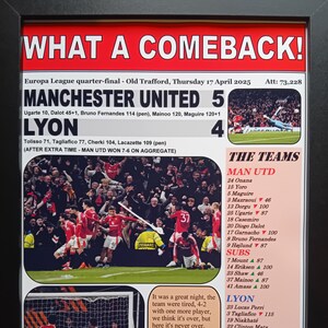 May include: A red and white newspaper clipping with the headline "What a Comeback!"  The article details a football match between Manchester United and Lyon, with the final score of 5-4 in favour of Manchester United. The article includes the names of the players and their shirt numbers.
