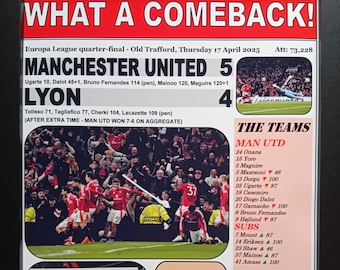 Man Utd 5 Lyon 4 - 2025 Europa League quarter-final - souvenir print