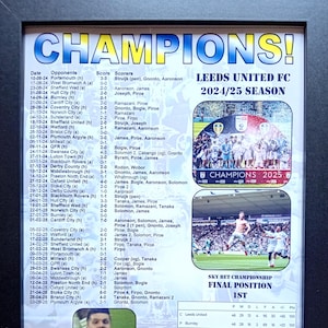 Pode incluir: Um poster emoldurado que celebra a vitória do Leeds United FC no Campeonato de 2024/25. O poster apresenta uma foto da equipe, uma tabela da classificação final e uma lista dos artilheiros. A equipe aparece na foto segurando o troféu de campeonato, com as palavras "Champions 2025" impressas no troféu.
