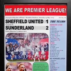 Sheff Utd 1 Sunderland 2 - Finale des barrages du championnat 2025 - Sunderland promu - impression souvenir