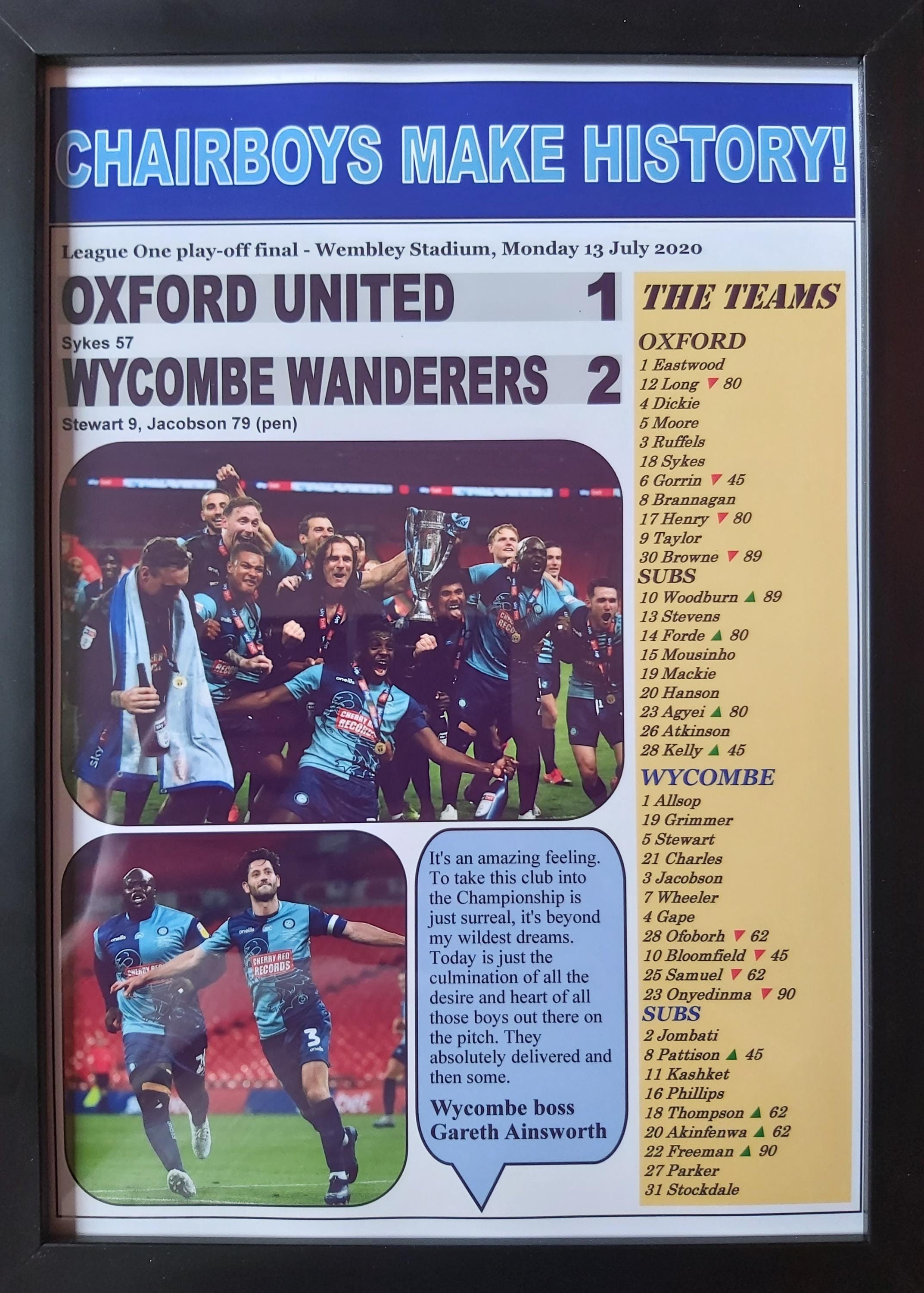 Oxford United 1 Wycombe Wanderers 2 - 2020 League One play-off final - Wycombe promoted - souvenir print
