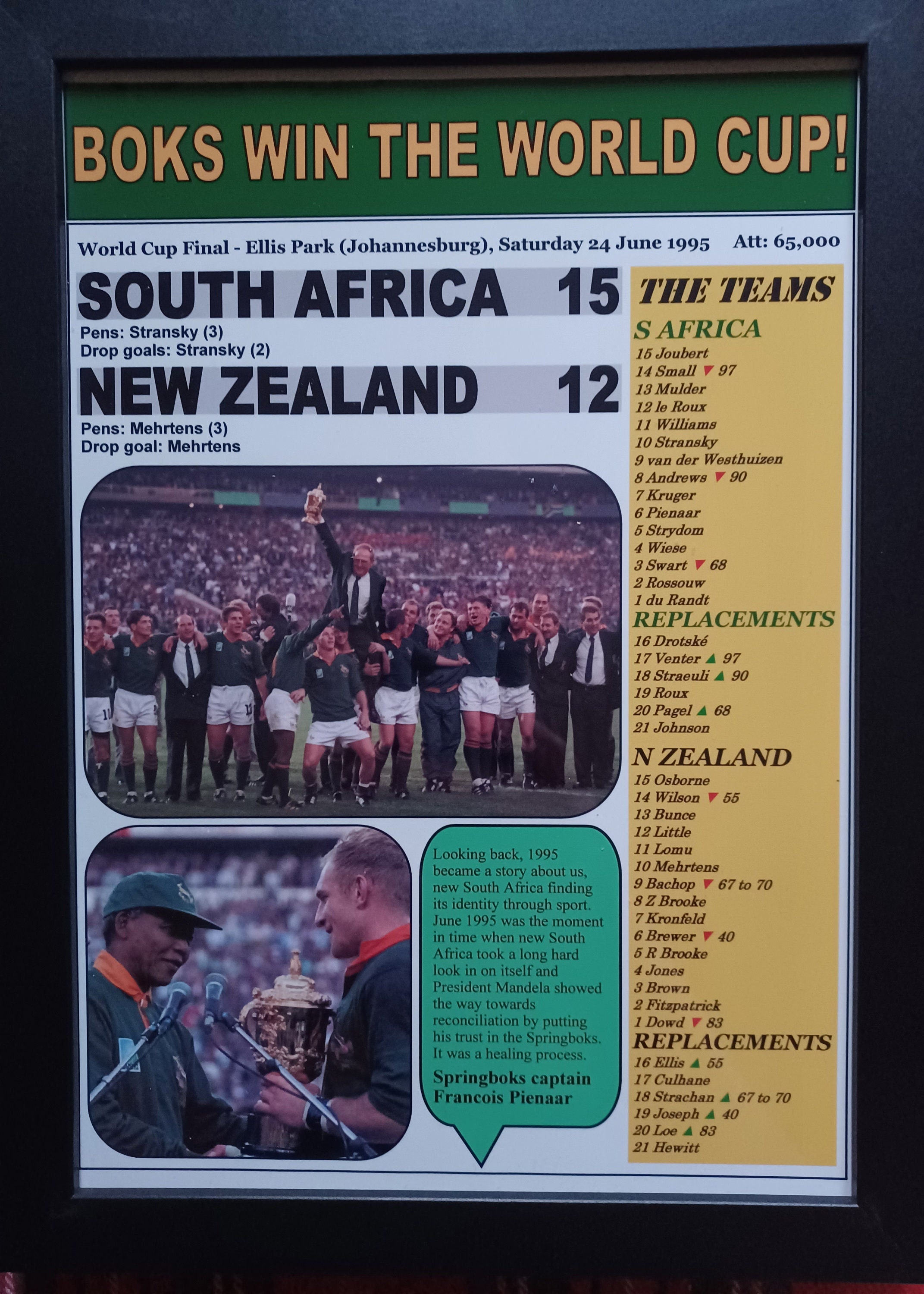South Africa 15 New Zealand 12 - 1995 Rugby World Cup Final
