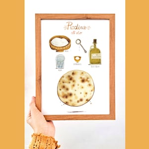 May include: A framed watercolour illustration of the ingredients and finished product for making "Piadina all'olio", an Italian flatbread. The ingredients include flour, water, salt, and olive oil. The finished product is a round, golden brown flatbread.
