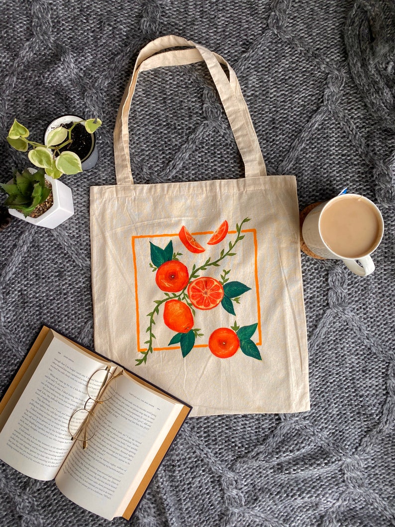 Aesthetic Hand Painted Reusable Cotton Tote Bag: Orange | Etsy