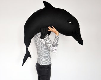 Giant dolphin, stuffed mascot made of cotton, black with grey eyes, pillow, toy, decor for kids