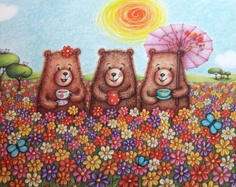 Afternoon Tea 2, wydruk giclée © Anthea Whitworth 2018. Fantazyjny wydruk o wymiarach 11 x 14 cali na podstawie oryginalnego rysunku ołówkiem.