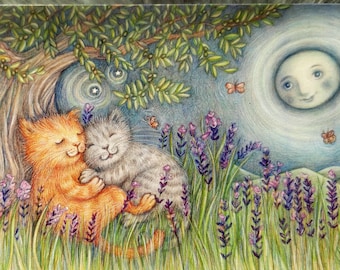 Love Among the Lavender © Anthea Whitworth 2020.  Fine Art Card, blank inside, lovers, cats, moon, lavender