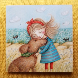 Mutt Hug © Anthea Whitworth 2018.  Fine Art Card,  14cm x 14cm, blank inside,  from original coloured pencil drawing.