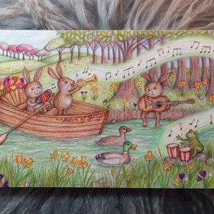 Spring Quartet © Anthea Whirtday 2021. Osterhasen und musizierende Frösche am Ufer des Flusses. Innen leer, Osterkarte, begabte Tiere!