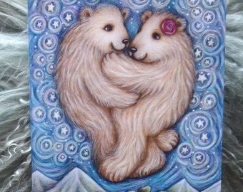 Lovers Aloft © Anthea Whitworth 2020.  Fine Art Card from original pencil drawing. Romantic card, blank inside, bears and stars.