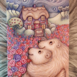 Lovers' Abode © Anthea Whitworth 2022. Carte d'art, dessin original au crayon, ours, roses, cottage, blanc à l'intérieur, carte pour la nouvelle maison,