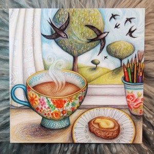 Zwevende gierzwaluwen, 06:00 uur © Anthea Whitworth 2022. Vogels, gierzwaluwen, kopje thee, blanco kaart, 14 x 14 cm, vierkante kaart, raam