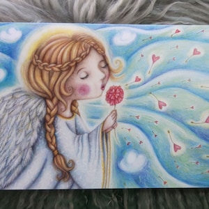Souffle d'ange © Anthea Whitworth 2022. Carte de Noël. Carte d'ange. Poème. Coeurs. Dessiné à la main.