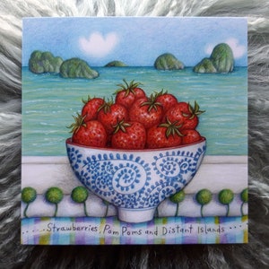 Aardbeien, pompons en verre eilanden © Anthea Whitworth 2018. Fine Art-kaart, blanco binnenkant, van originele potloodtekening.
