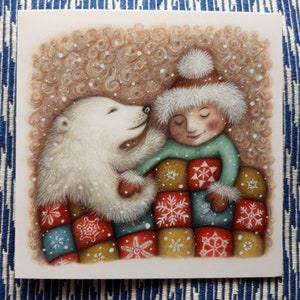Snow Babies © Anthea Whirtwort 2011. Fine Art Karte von original Buntstiftzeichnung.  14cm x 14cm innen blanko.  Bären Junges und Kind