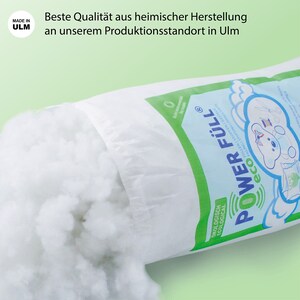 May include: A white bag with a green label that says "POWER F&Uuml;LL&reg; eco" and "&Ouml;KOLOGISCH ECOLOGICAL". The bag is open and white filling is spilling out. The bag has a green seal that says "Made in Germany".