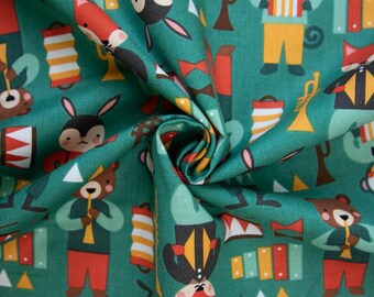 Cotton poplin - dark green/multicolored - animal party instruments - patchwork fabric100% cotton
