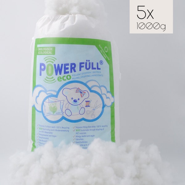 Power Füll® eco weiß | 5kg 5x 1KG Nachhaltige Füllwatte | Spielzeugnorm Zertifiziert | Waschbar bis 40°C | Bastelwatte | Kissenfüllung | Sto
