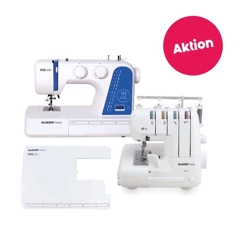 GLAESERhome Advanced-Bundle ol50 Overlock Nähmaschine mia300 Nähmaschine Anschiebetisch Bild 1