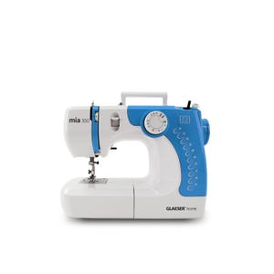 May include: A white and blue sewing machine with the model name "mia 350" printed on the side. The machine has a blue dial with stitch options and a white handle. The brand name "GLAESER home" is printed on the front.