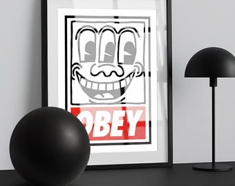 Póster minimalista de arte urbano con cara sonriente en blanco y negro, arte mural de graffiti urbano, decoración moderna para el hogar.