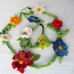 Felt flower garland hand felted colorful flowers partially embroidered